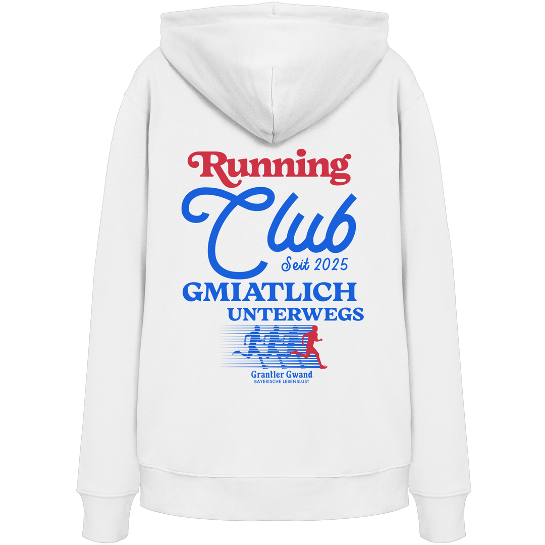 Weißer Unisex Hoodie mit großem Running Club Backprint im Retro-Design in Blau und Rot – hochwertiger Baumwoll Hoodie mit bayerischem Streetwear-Style für Freizeit, Laufen und Sport von Grantler Gwand.
