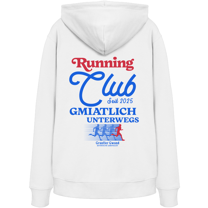 Weißer Unisex Hoodie mit großem Running Club Backprint im Retro-Design in Blau und Rot – hochwertiger Baumwoll Hoodie mit bayerischem Streetwear-Style für Freizeit, Laufen und Sport von Grantler Gwand.