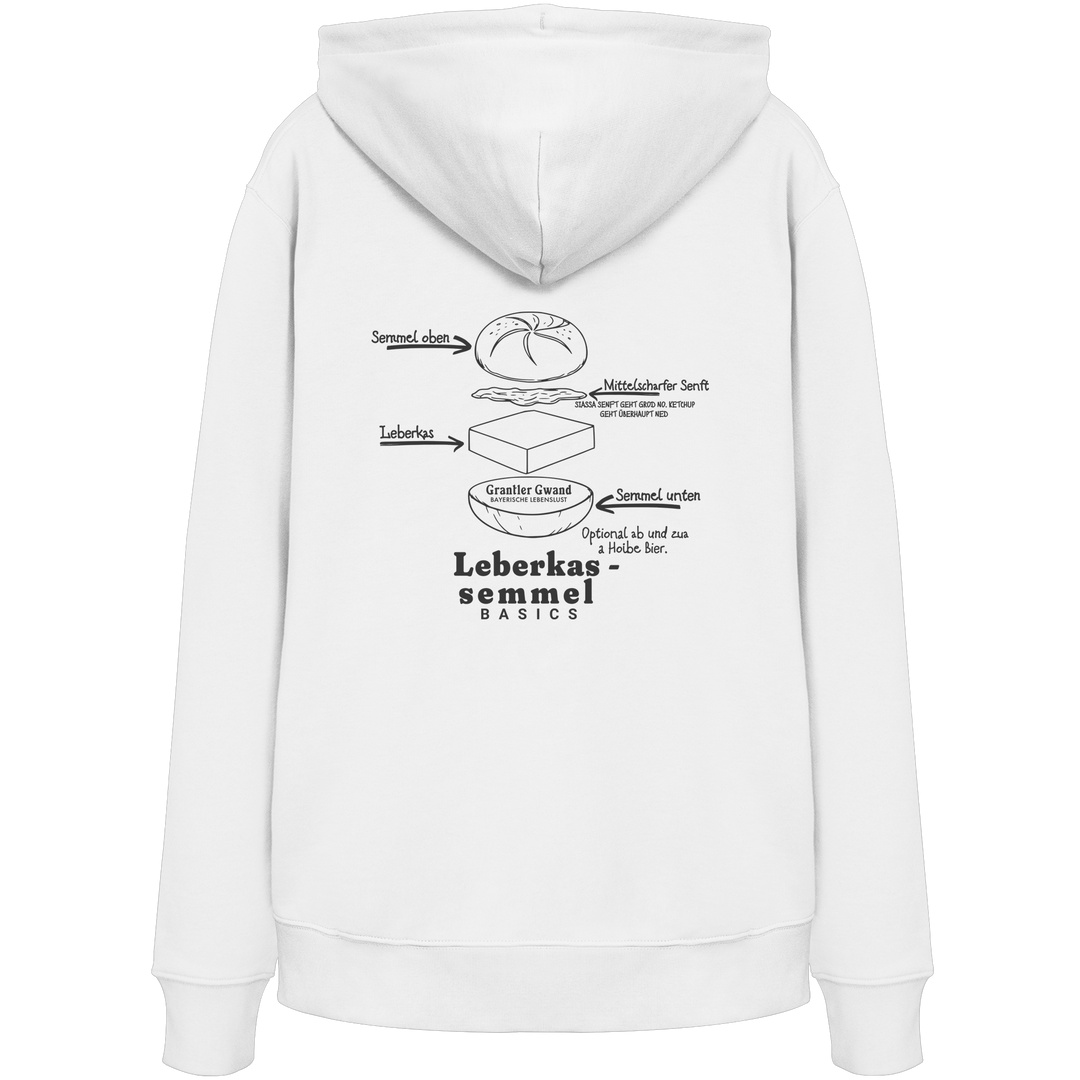 Weißer Unisex Hoodie mit Backprint „Die wichtigste Bauanleitung Bayerns“ und humorvoller Leberkassemmel-Illustration – bayerischer Streetwear Hoodie von Grantler Gwand.