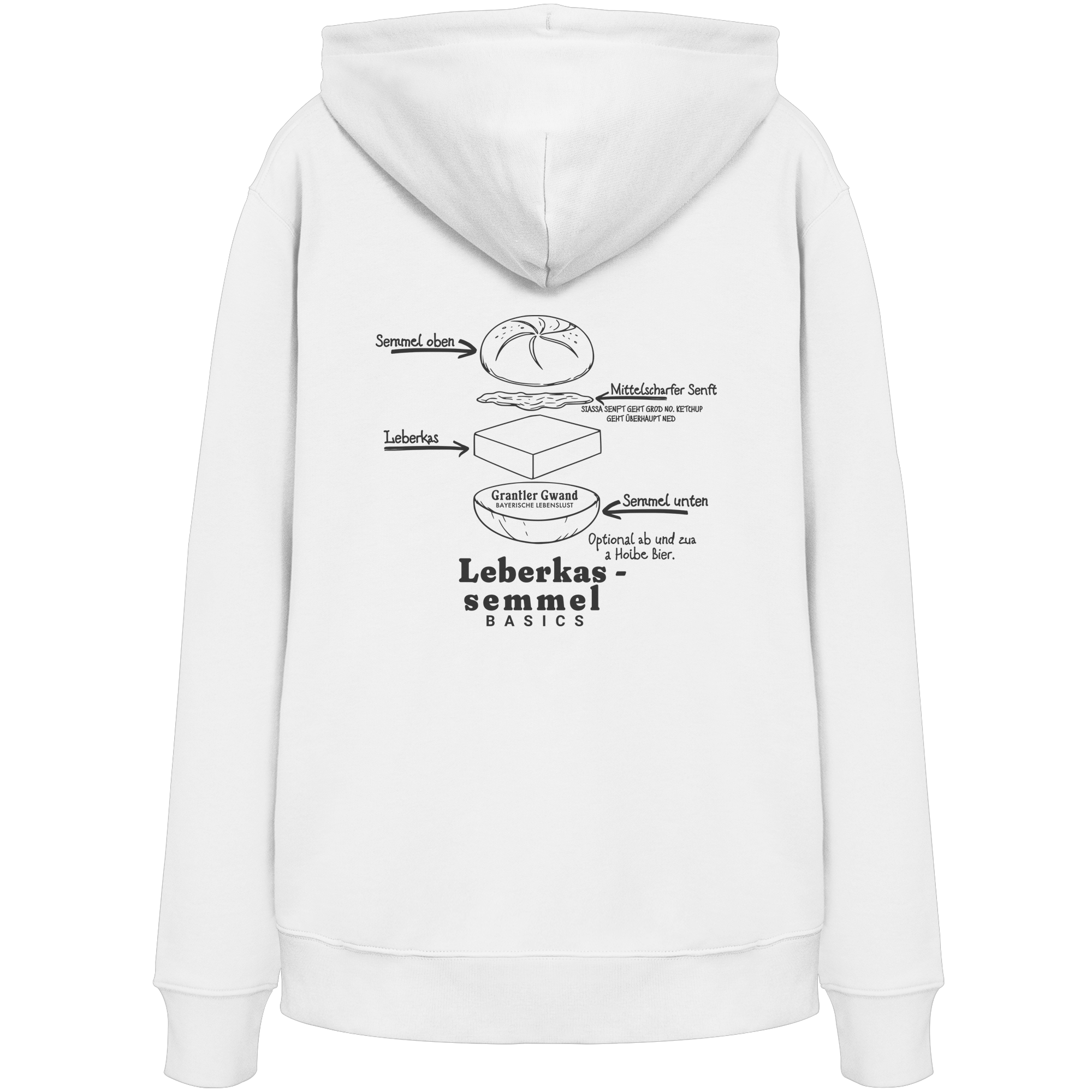 Weißer Unisex Hoodie mit Backprint „Die wichtigste Bauanleitung Bayerns“ und humorvoller Leberkassemmel-Illustration – bayerischer Streetwear Hoodie von Grantler Gwand.