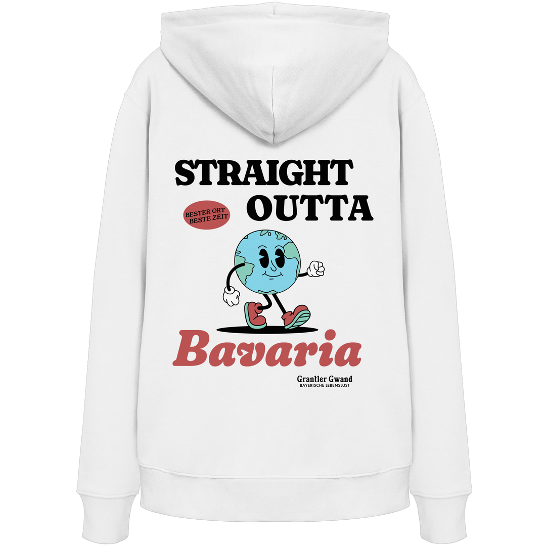 Weißer Hoodie mit großem Backprint „Straight Outta Bavaria“, einer laufenden Weltkugel und dem Schriftzug „Bester Ort. Beste Zeit.“ von Grantler Gwand.