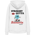 Weißer Hoodie mit großem Backprint „Straight Outta Bavaria“, einer laufenden Weltkugel und dem Schriftzug „Bester Ort. Beste Zeit.“ von Grantler Gwand.