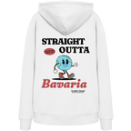 Weißer Hoodie mit großem Backprint „Straight Outta Bavaria“, einer laufenden Weltkugel und dem Schriftzug „Bester Ort. Beste Zeit.“ von Grantler Gwand.