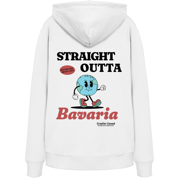 Weißer Hoodie mit großem Backprint „Straight Outta Bavaria“, einer laufenden Weltkugel und dem Schriftzug „Bester Ort. Beste Zeit.“ von Grantler Gwand.
