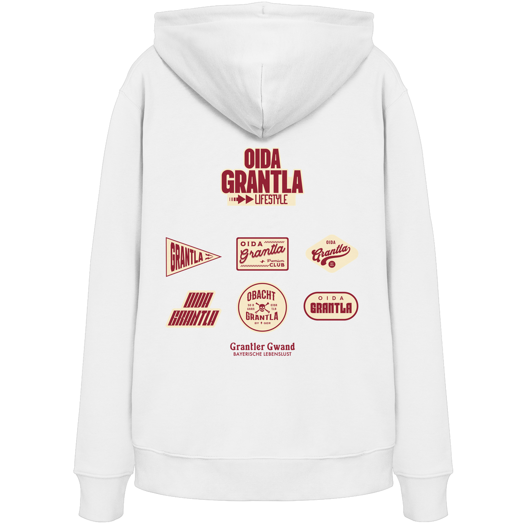 Weißer Hoodie mit großem Oida Grantla Lifestyle Backprint aus mehreren Retro-Logos im bayerischen Streetwear-Design von Grantler Gwand.
