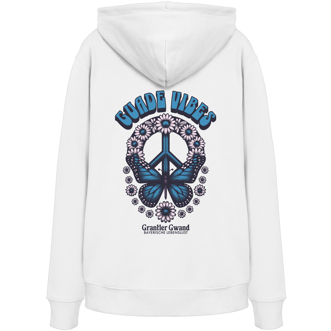 Weißer  Oversize Hoodie mit großem Backprint aus Peace-Zeichen, Schmetterling und Blumen sowie „Guade Vibes“ Schriftzug – hochwertiger Bio-Baumwoll Hoodie im bayerischen Streetwear-Style von Grantler Gwand.