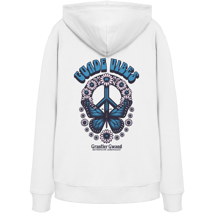Weißer  Oversize Hoodie mit großem Backprint aus Peace-Zeichen, Schmetterling und Blumen sowie „Guade Vibes“ Schriftzug – hochwertiger Bio-Baumwoll Hoodie im bayerischen Streetwear-Style von Grantler Gwand.