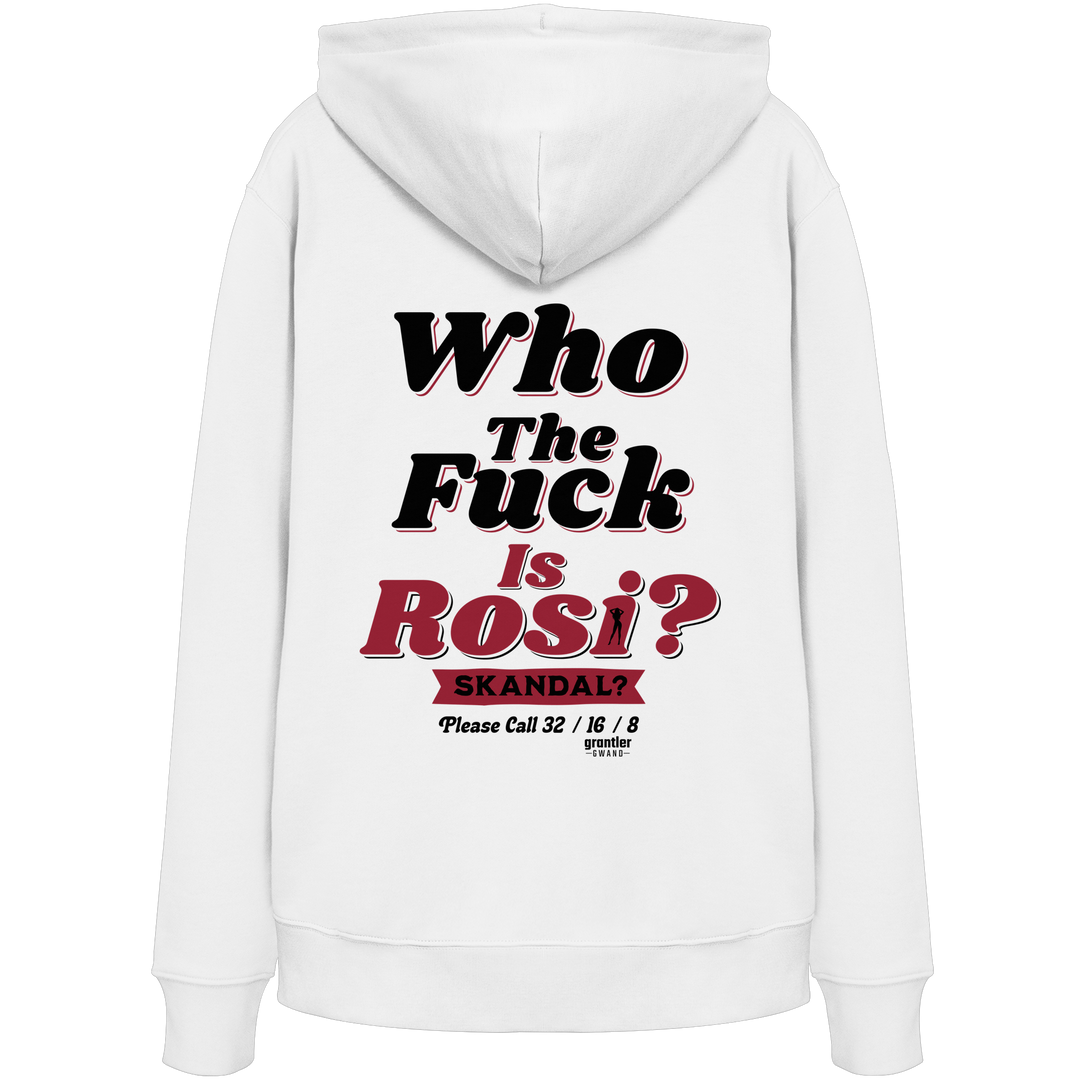 Weißer Hoodie mit großem Backprint „Who The Fuck Is Rosi? Skandal?“ in Schwarz und Rot im Retro-Stil.