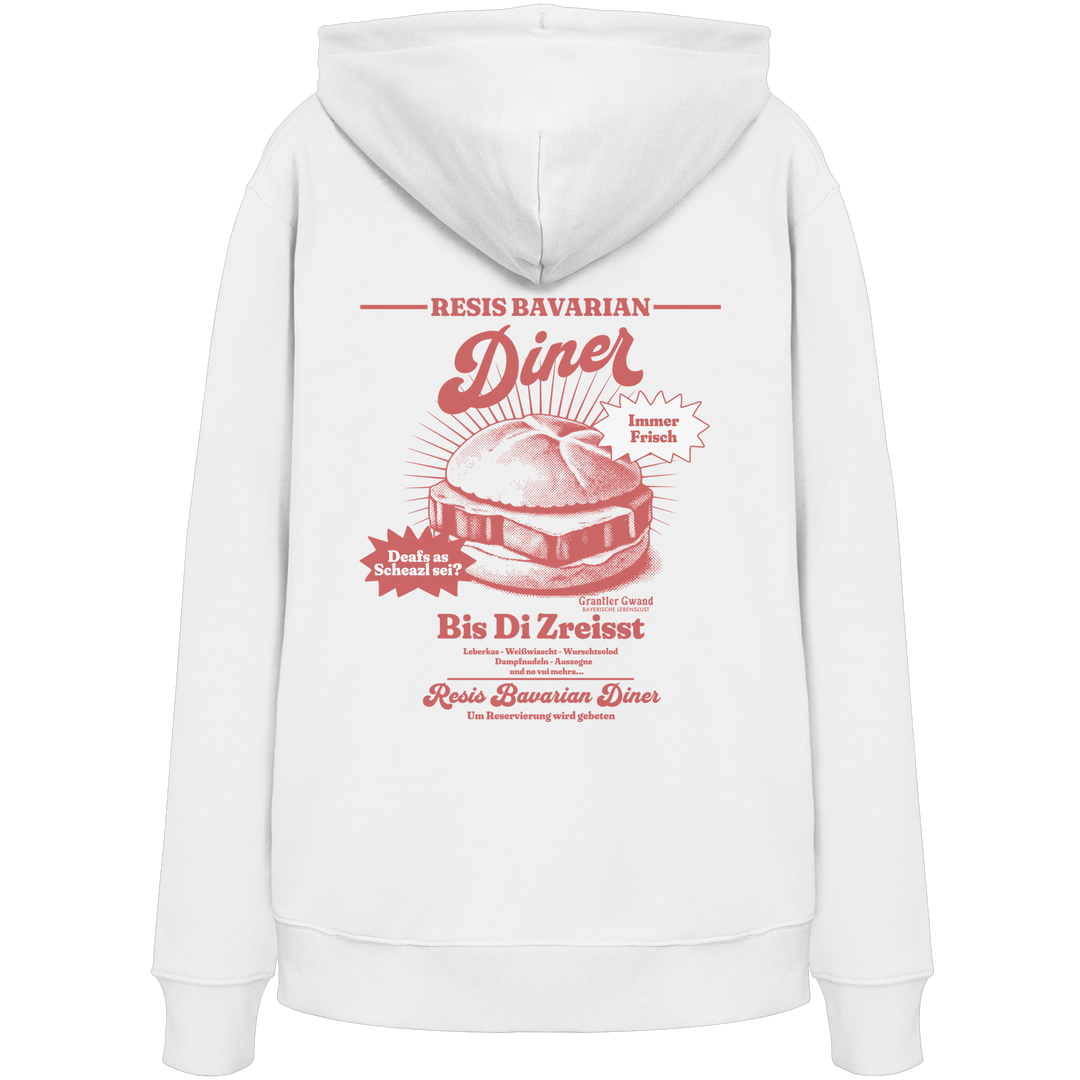 Weißer Hoodie mit rotem Backprint „Resis Bavarian Diner“ – bayerischer Streetwear Hoodie mit Leberkässemmel im Vintage-Diner-Design von Grantler Gwand.