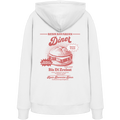 Weißer Hoodie mit rotem Backprint „Resis Bavarian Diner“ – bayerischer Streetwear Hoodie mit Leberkässemmel im Vintage-Diner-Design von Grantler Gwand.