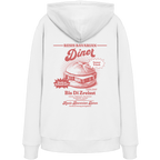 Weißer Hoodie mit rotem Backprint „Resis Bavarian Diner“ – bayerischer Streetwear Hoodie mit Leberkässemmel im Vintage-Diner-Design von Grantler Gwand.