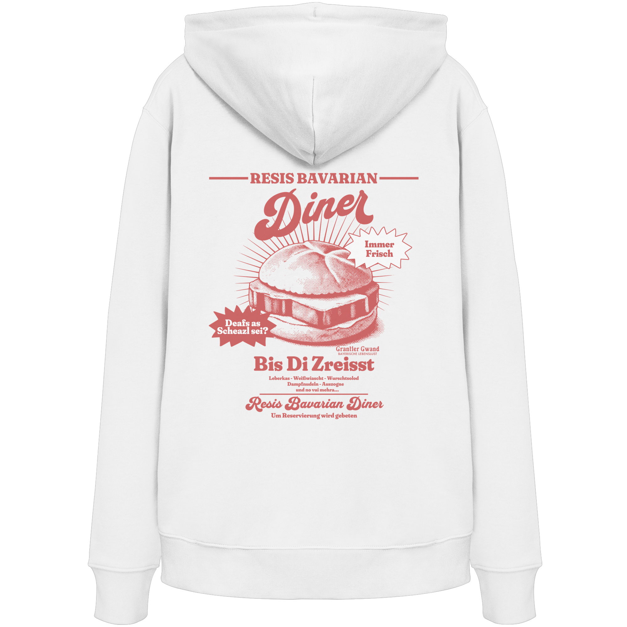 Weißer Hoodie mit rotem Backprint „Resis Bavarian Diner“ – bayerischer Streetwear Hoodie mit Leberkässemmel im Vintage-Diner-Design von Grantler Gwand.