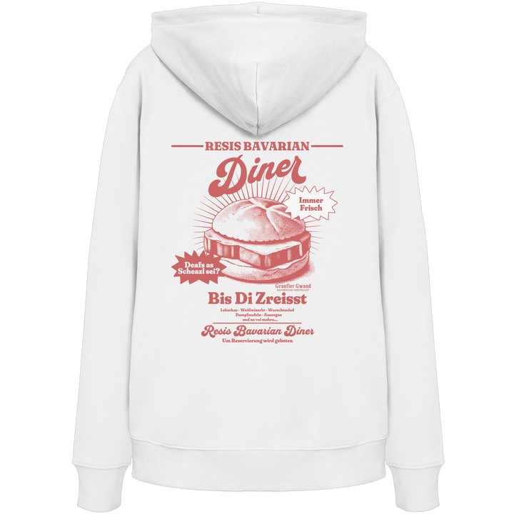 Weißer Hoodie mit rotem Backprint „Resis Bavarian Diner“ – bayerischer Streetwear Hoodie mit Leberkässemmel im Vintage-Diner-Design von Grantler Gwand.
