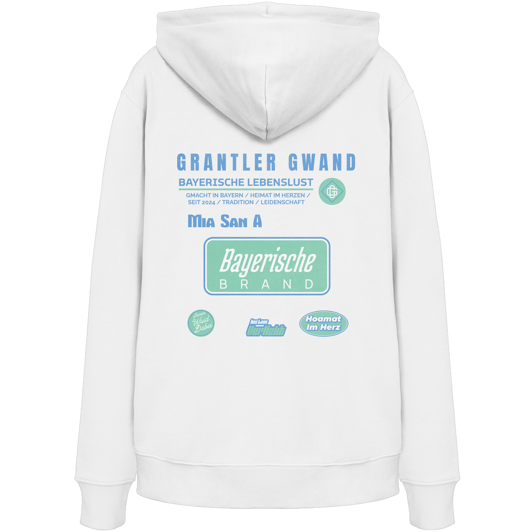 Weißer Hoodie mit großem Grantler Gwand Backprint, blau-grünem „Bayerische Brand“-Schriftzug und moderner bayerischer Streetwear-Grafik.