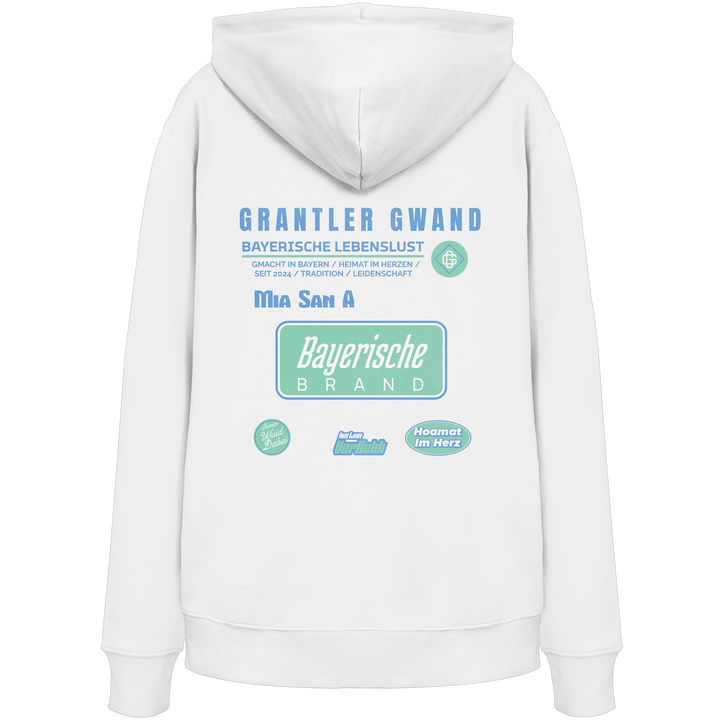 Weißer Hoodie mit großem Grantler Gwand Backprint, blau-grünem „Bayerische Brand“-Schriftzug und moderner bayerischer Streetwear-Grafik.