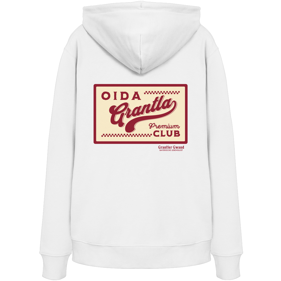 Weißer Hoodie mit großem Retro-Backprint "Oida Grantla Premium Club" im Vintage-Stil. Bayerischer Streetwear Hoodie von Grantler Gwand.