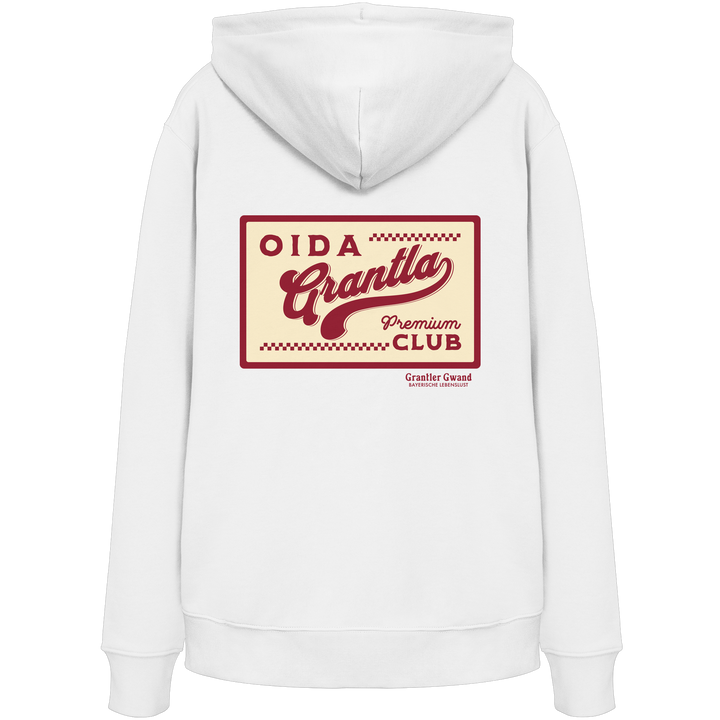 Weißer Hoodie mit großem Retro-Backprint "Oida Grantla Premium Club" im Vintage-Stil. Bayerischer Streetwear Hoodie von Grantler Gwand.