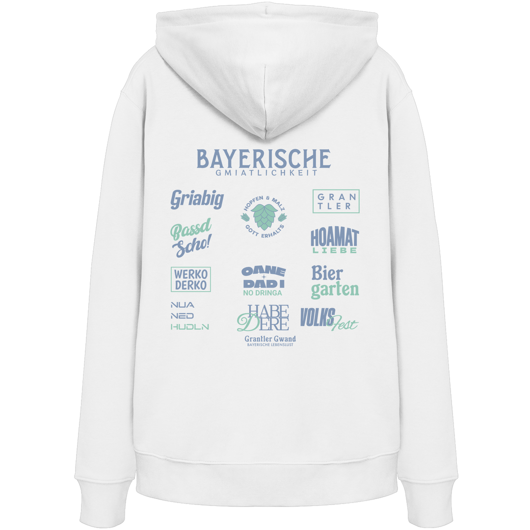 Weißer Bayerische Gmiatlichkeit Unisex Hoodie mit großem grünem Backprint und typischen bayerischen Begriffen wie Hoamatliebe, Biergarten, Grantler und Hopfen & Malz. Unisex Kapuzenhoodie im modernen Streetwear-Look für Freizeit, Volksfest und Biergarten. Designed und bedruckt in Bayern von Grantler Gwand.