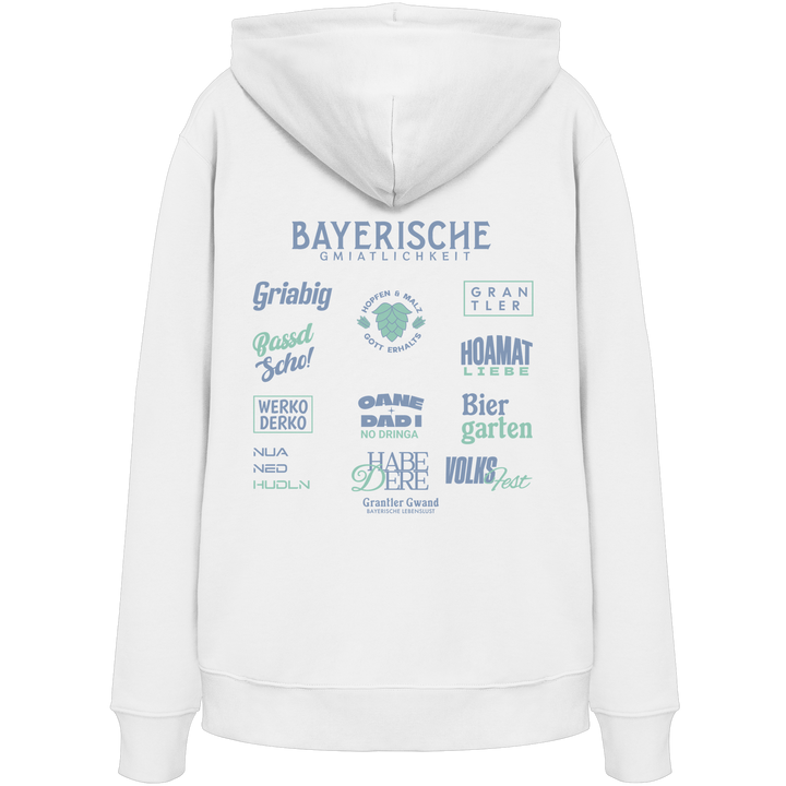 Weißer Bayerische Gmiatlichkeit Unisex Hoodie mit großem grünem Backprint und typischen bayerischen Begriffen wie Hoamatliebe, Biergarten, Grantler und Hopfen &amp; Malz. Unisex Kapuzenhoodie im modernen Streetwear-Look für Freizeit, Volksfest und Biergarten. Designed und bedruckt in Bayern von Grantler Gwand.