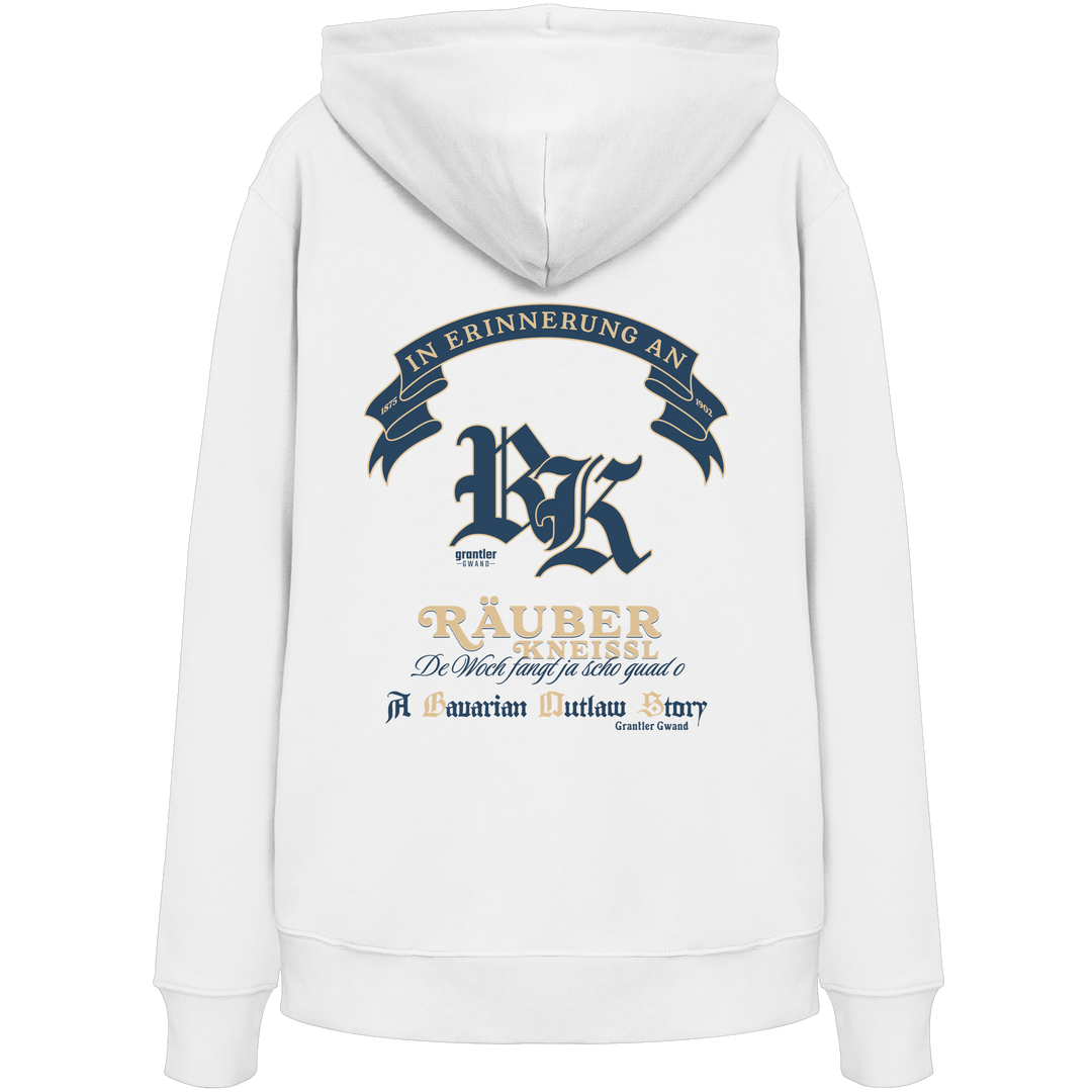Weißer Hoodie mit großem „Räuber Kneißl“-Backprint in Blau und Beige sowie historischen Schriftzügen im modernen Streetwear-Stil.