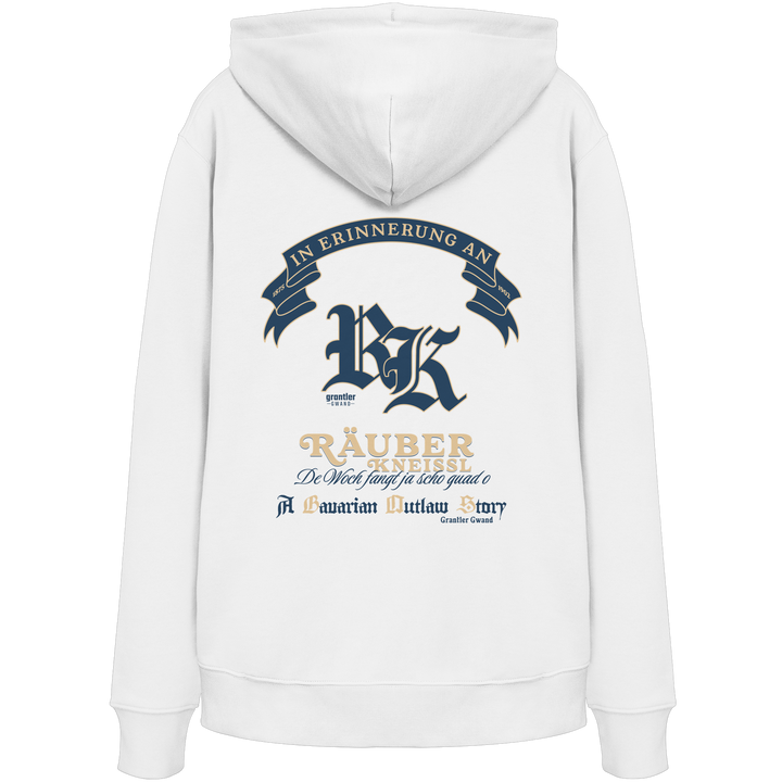 Weißer Hoodie mit großem „Räuber Kneißl“-Backprint in Blau und Beige sowie historischen Schriftzügen im modernen Streetwear-Stil.