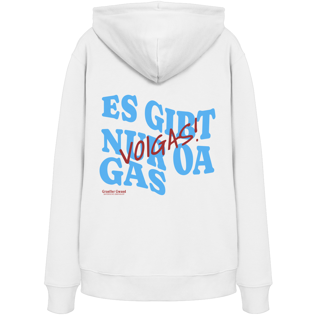 Weißer Hoodie mit großem Backprint und dem bayerischen Spruch „Es gibt nur oa Gas“ im modernen Typografie-Design von Grantler Gwand.