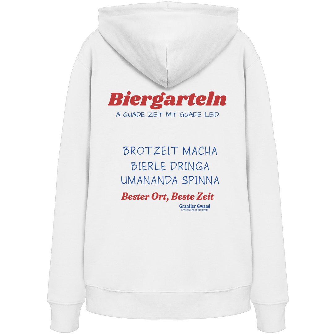Weißer Unisex Hoodie mit großem Biergarteln Backprint in Rot und bayerischem Statement „A guade Zeit mit guade Leid“. Hochwertiger Premium Hoodie für Biergarten, Volksfest, Stammtisch und moderne bayerische Streetwear. Designed und bedruckt in Bayern von Grantler Gwand.