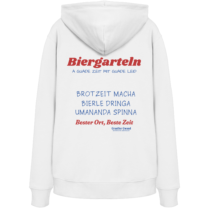 Weißer Unisex Hoodie mit großem Biergarteln Backprint in Rot und bayerischem Statement „A guade Zeit mit guade Leid“. Hochwertiger Premium Hoodie für Biergarten, Volksfest, Stammtisch und moderne bayerische Streetwear. Designed und bedruckt in Bayern von Grantler Gwand.