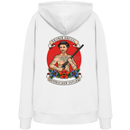 Weißer Unisex Hoodie mit Räuber Kneissl Frontprint im Tattoo-Style. Unisex Premium Hoodie aus Bio-Baumwolle mit bayerischem Motiv für Streetwear, Alltag und Festival. Designed und bedruckt in Bayern von Grantler Gwand.