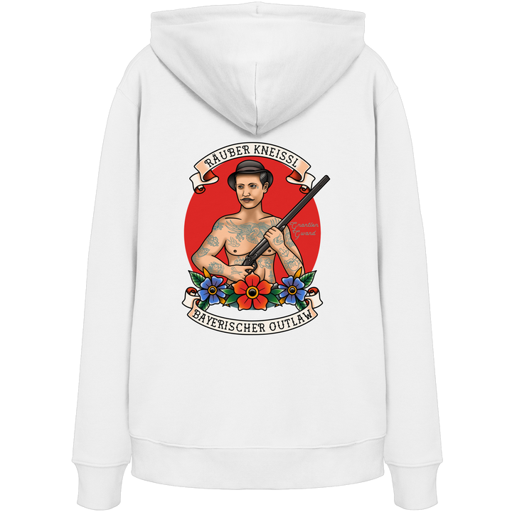 Weißer Unisex Hoodie mit Räuber Kneissl Frontprint im Tattoo-Style. Unisex Premium Hoodie aus Bio-Baumwolle mit bayerischem Motiv für Streetwear, Alltag und Festival. Designed und bedruckt in Bayern von Grantler Gwand.