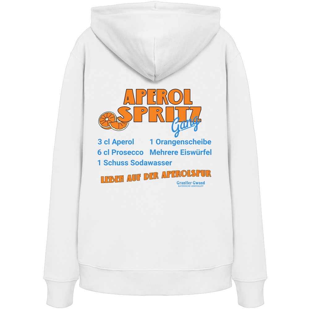 Weißer Unisex Hoodie mit großem Aperol Spritz Gang Backprint im Retro-Design mit Cocktail-Rezept. Hochwertiger Premium Hoodie für Sommer, Biergarten, Festival, Urlaub und moderne Streetwear. Designed und bedruckt in Bayern von Grantler Gwa