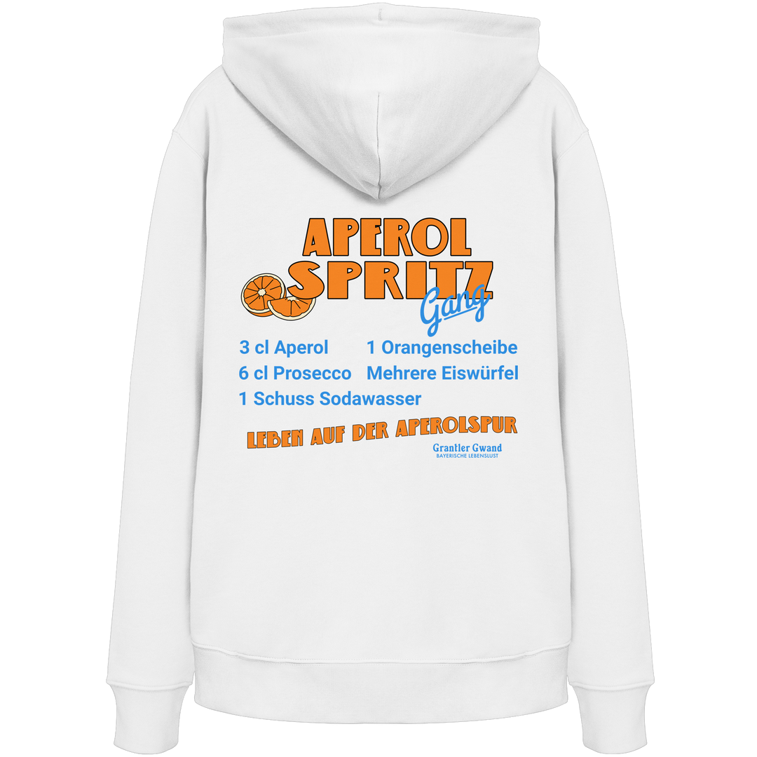 Weißer Unisex Hoodie mit großem Aperol Spritz Gang Backprint im Retro-Design mit Cocktail-Rezept. Hochwertiger Premium Hoodie für Sommer, Biergarten, Festival, Urlaub und moderne Streetwear. Designed und bedruckt in Bayern von Grantler Gwa
