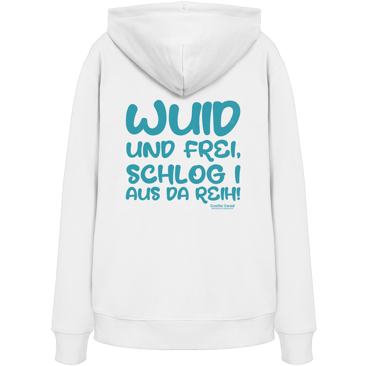 Weißer Wuid und frei Hoodie mit großem Backprint und bayerischem Spruch. Unisex Streetwear Kapuzenpullover aus Baumwollmischung für Biergarten, Volksfest und Freizeit. Designed und bedruckt in Bayern von Grantler Gwand.