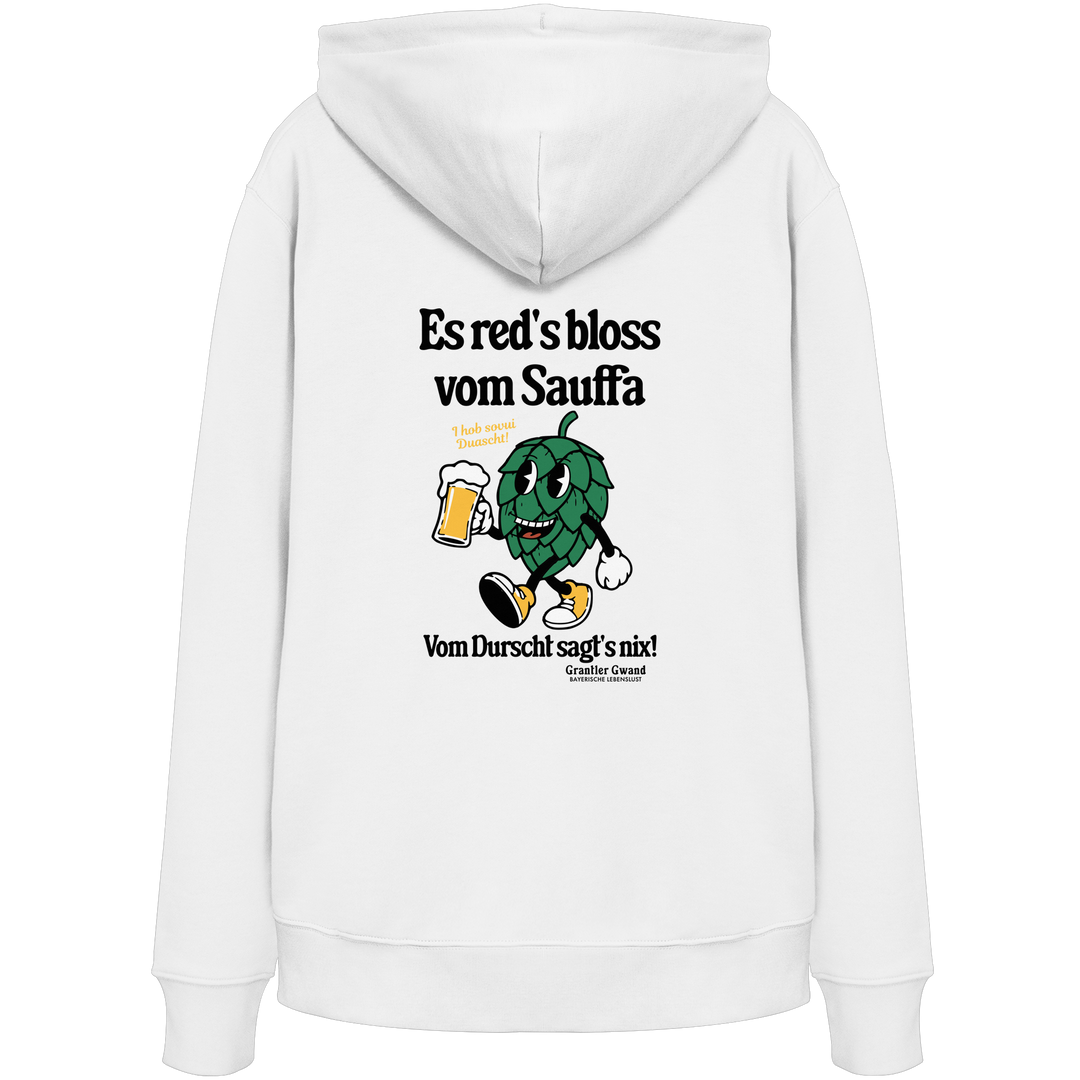 Weißer Unisex Hoodie mit „Es red's bloß vom Sauffa“-Backprint und Hopfen-Illustration – bayerischer Statement-Hoodie im Retro-Streetwear-Look von Grantler Gwand.