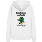 Weißer Unisex Hoodie mit „Es red's bloß vom Sauffa“-Backprint und Hopfen-Illustration – bayerischer Statement-Hoodie im Retro-Streetwear-Look von Grantler Gwand.