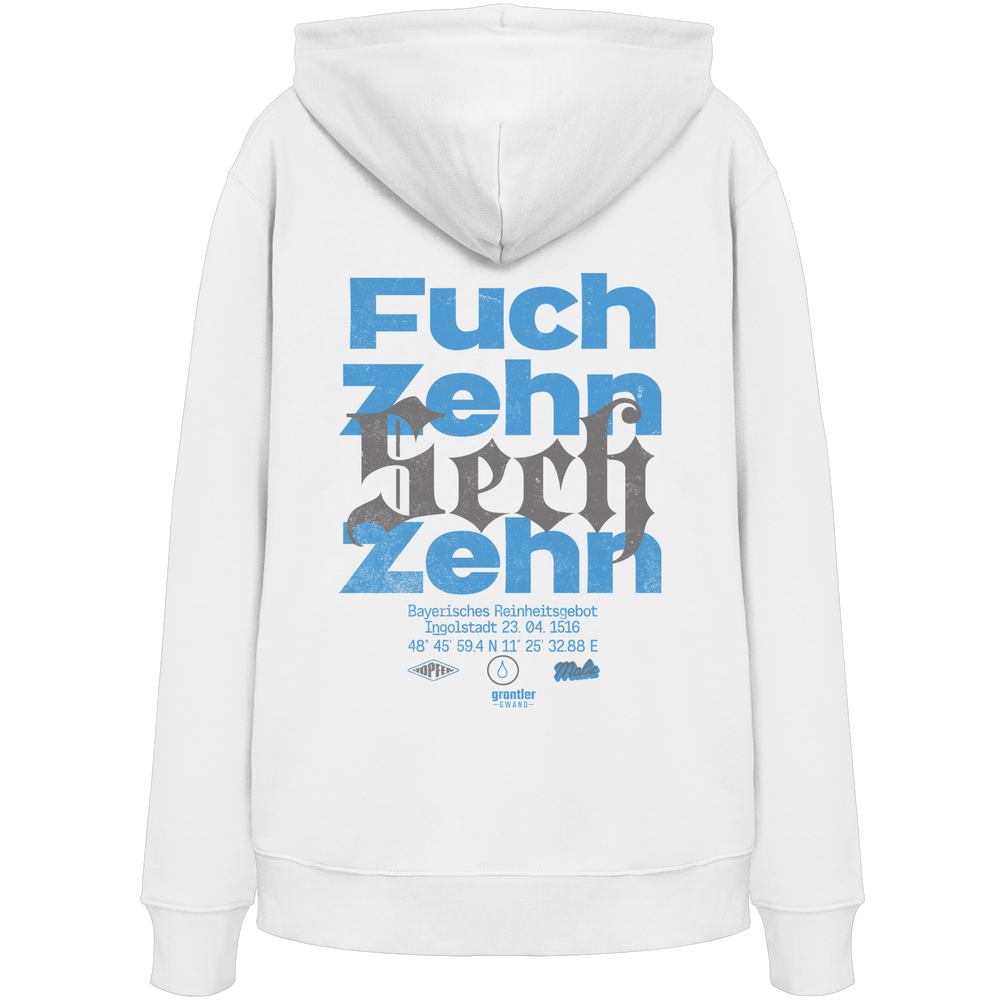 Weißer Hoodie mit großem „Fuchzehn Zehn“-Backprint und Bezug auf das Bayerische Reinheitsgebot von 1516.