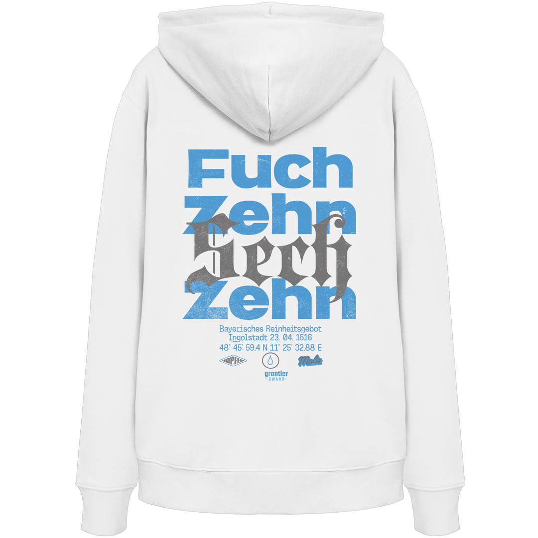 Weißer Hoodie mit großem „Fuchzehn Zehn“-Backprint und Bezug auf das Bayerische Reinheitsgebot von 1516.
