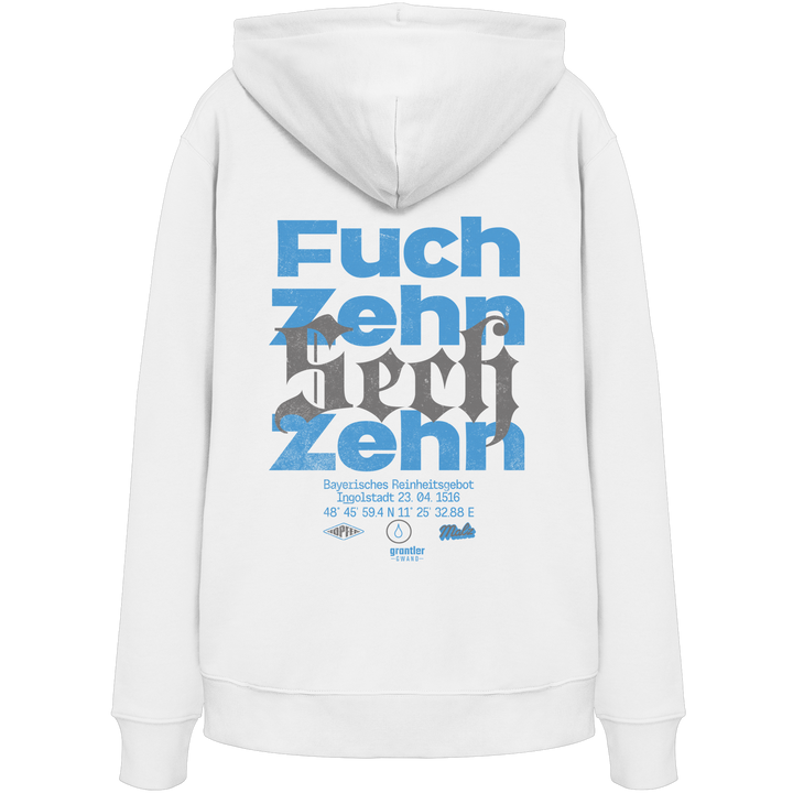 Weißer Hoodie mit großem „Fuchzehn Zehn“-Backprint und Bezug auf das Bayerische Reinheitsgebot von 1516.