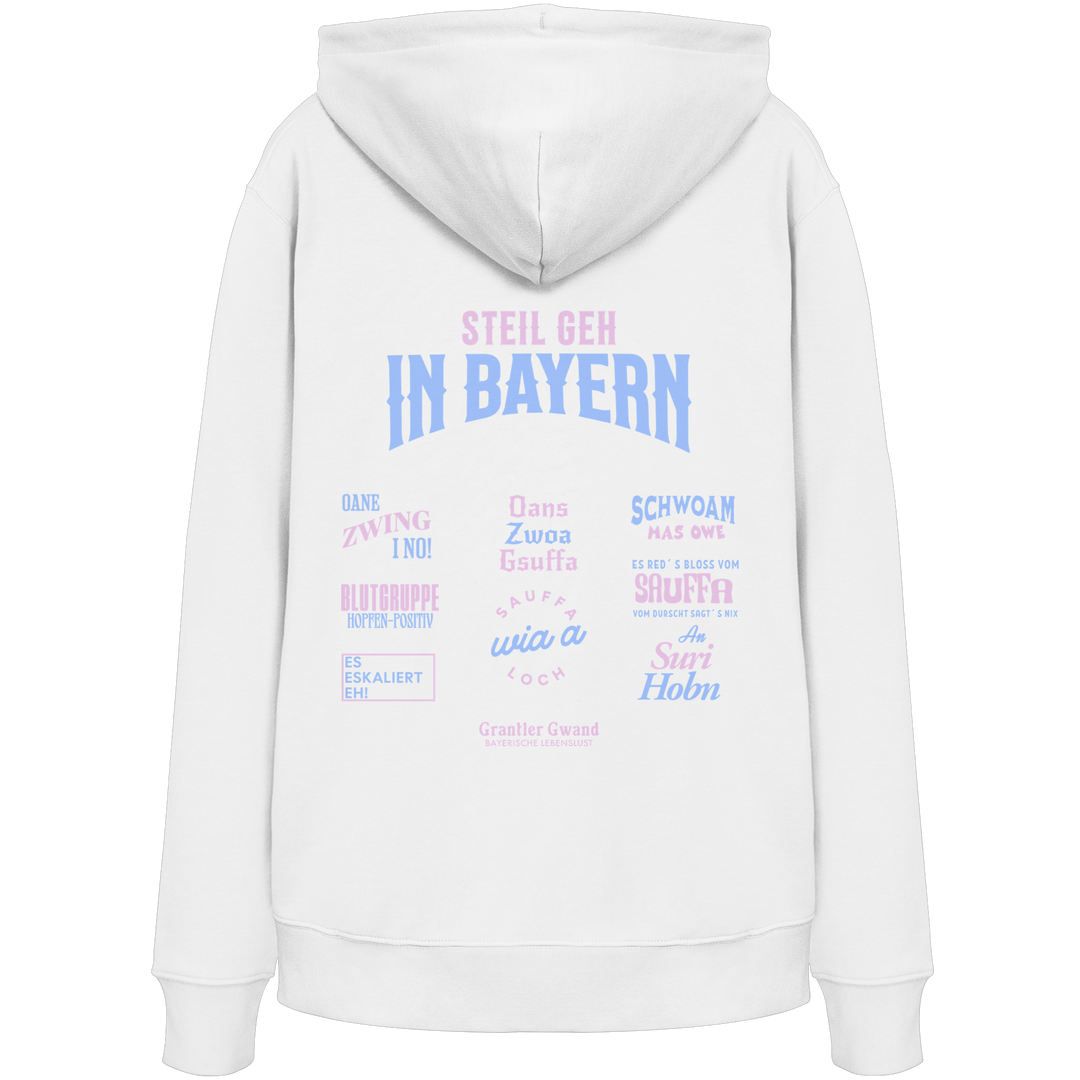 Weißer Hoodie mit großem Backprint aus mehreren bayerischen Dialektsprüchen im modernen Typografie-Design von Grantler Gwand.