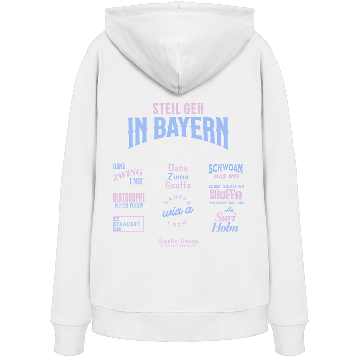 Weißer Hoodie mit großem Backprint aus mehreren bayerischen Dialektsprüchen im modernen Typografie-Design von Grantler Gwand.