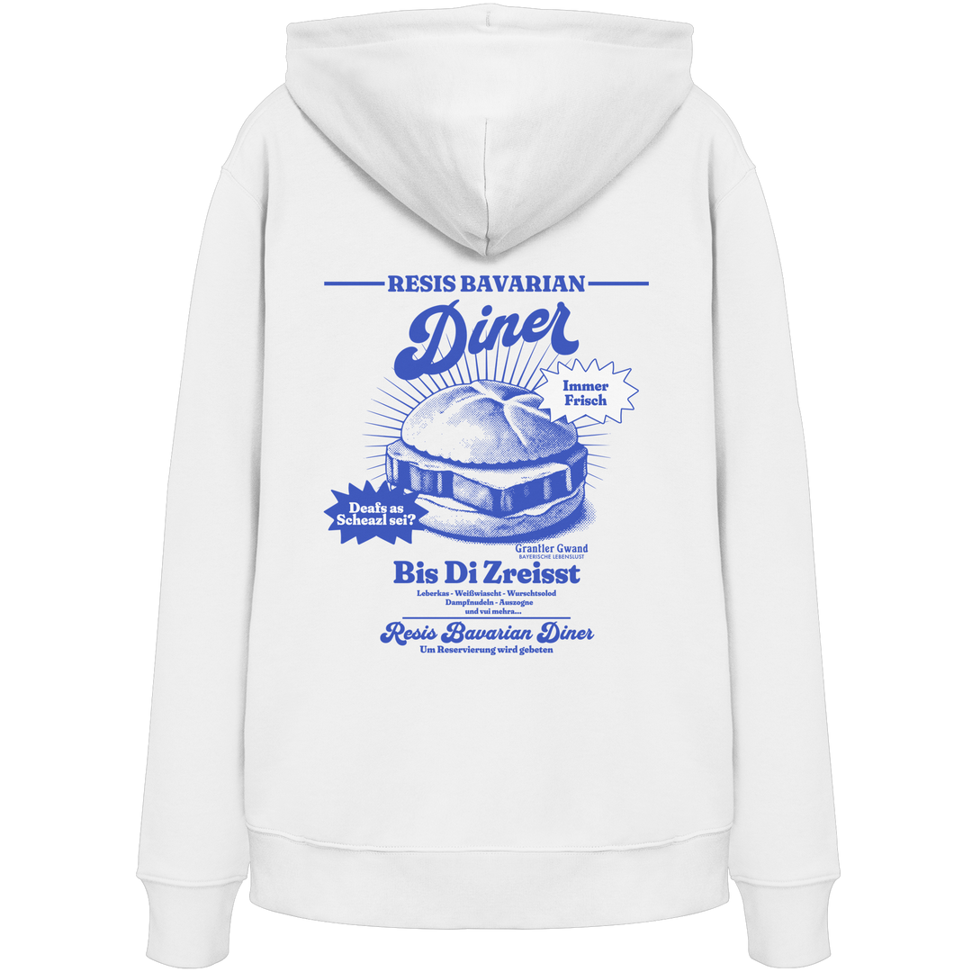 Weißer Unisex Hoodie mit Backprint „Resis Bavarian Diner“ – bayerischer Streetwear Hoodie mit Leberkässemmel im Retro-Diner-Design und Vintage-Print von Grantler Gwand.