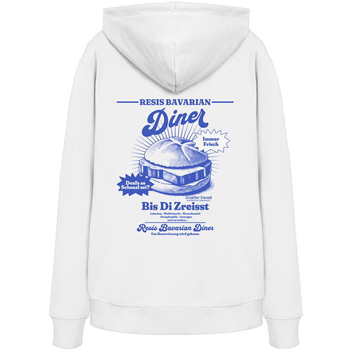 Weißer Unisex Hoodie mit Backprint „Resis Bavarian Diner“ – bayerischer Streetwear Hoodie mit Leberkässemmel im Retro-Diner-Design und Vintage-Print von Grantler Gwand.