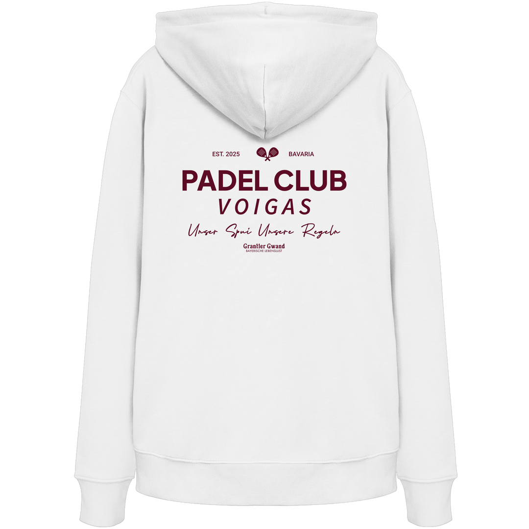 Weißer Unisex Hoodie mit rotem „Padel Club“-Backprint – hochwertiger Streetwear-Hoodie von Grantler Gwand für Padel-Fans.