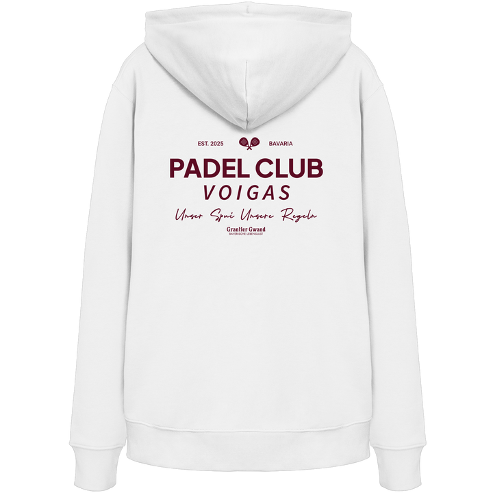 Weißer Unisex Hoodie mit rotem „Padel Club“-Backprint – hochwertiger Streetwear-Hoodie von Grantler Gwand für Padel-Fans.