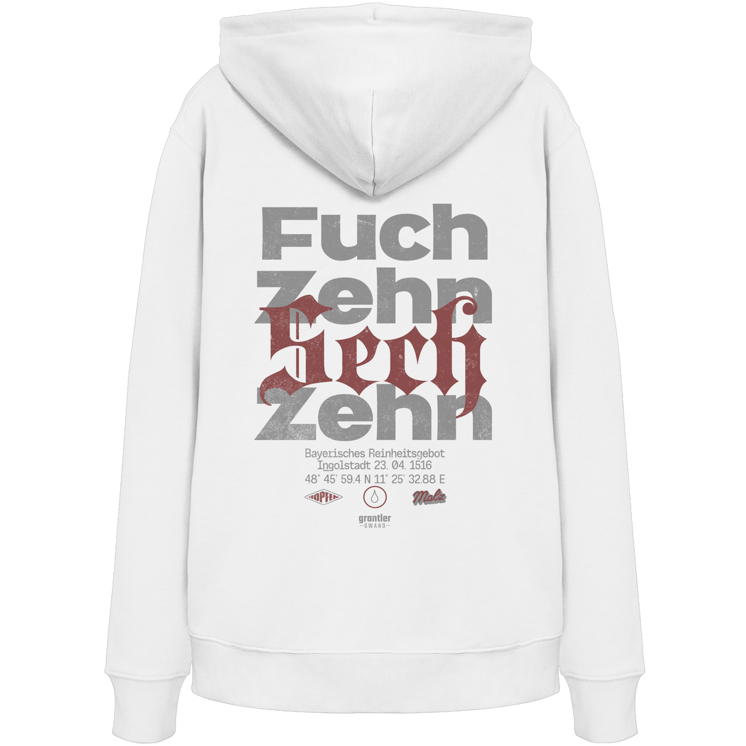 Weißer Hoodie mit großem typografischen Backprint „Fuchzehn“ und roten Akzenten, inspiriert vom Bayerischen Reinheitsgebot von 1516.