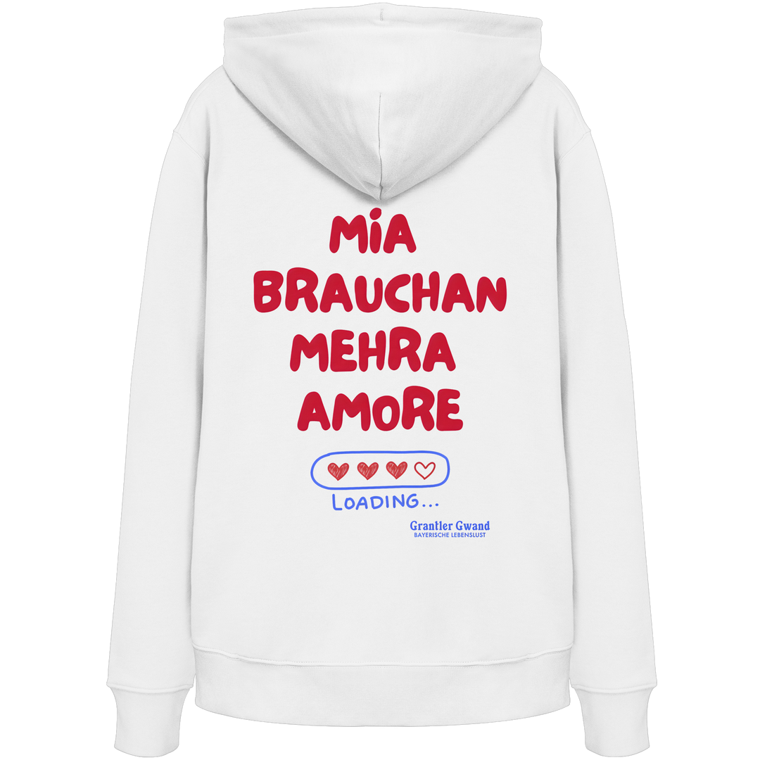 Weißer Hoodie mit großem Backprint "Mia brauchan mehra Amore" und Herz-Ladebalken im bayerischen Streetwear-Design von Grantler Gwand.