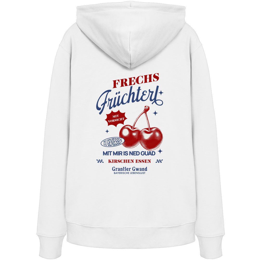 Weißer Unisex Hoodie mit „Frechs Früchterl“-Backprint und Kirschen-Motiv – bayerische Streetwear von Grantler Gwand im modernen Retro-Look.