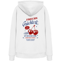 Weißer Unisex Hoodie mit „Frechs Früchterl“-Backprint und Kirschen-Motiv – bayerische Streetwear von Grantler Gwand im modernen Retro-Look.