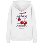 Weißer Unisex Hoodie mit „Frechs Früchterl“-Backprint und Kirschen-Motiv – bayerische Streetwear von Grantler Gwand im modernen Retro-Look.