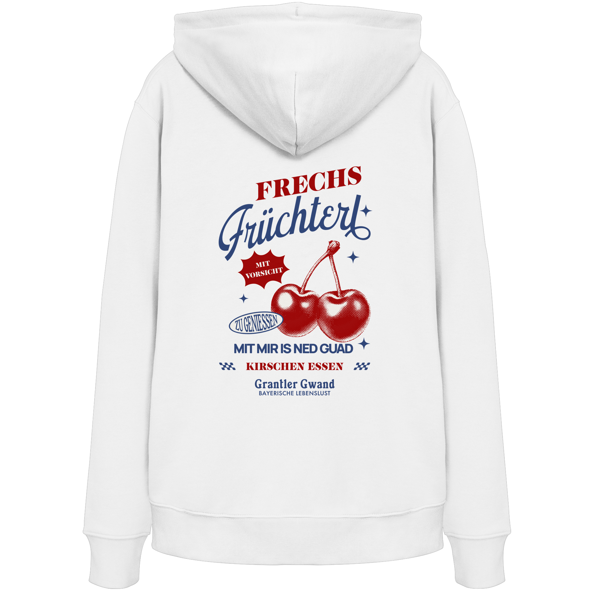 Weißer Unisex Hoodie mit „Frechs Früchterl“-Backprint und Kirschen-Motiv – bayerische Streetwear von Grantler Gwand im modernen Retro-Look.